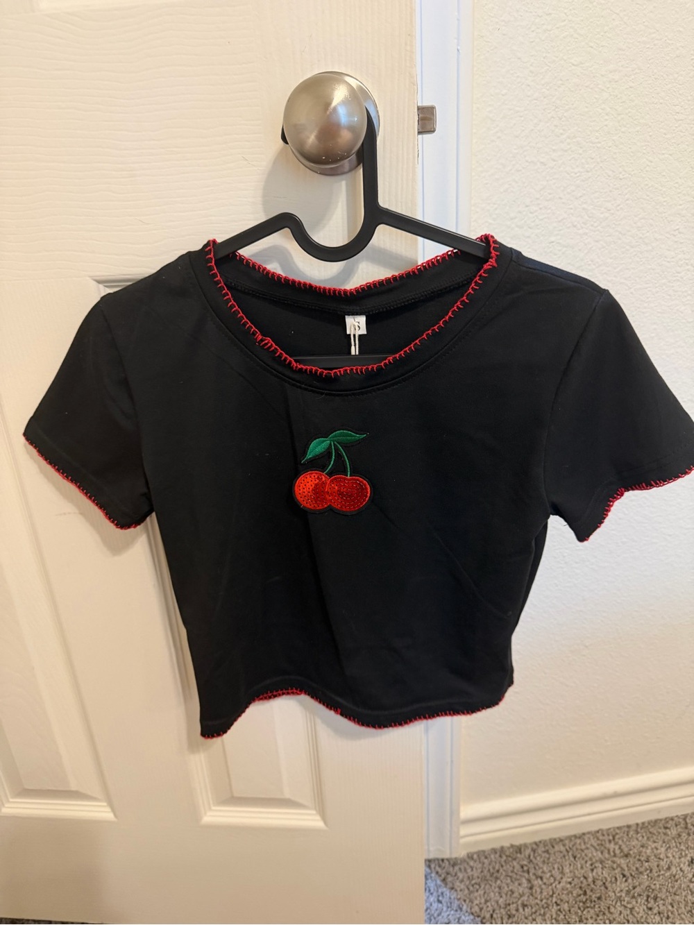 Black Cherry Embroidered Crop Tee by